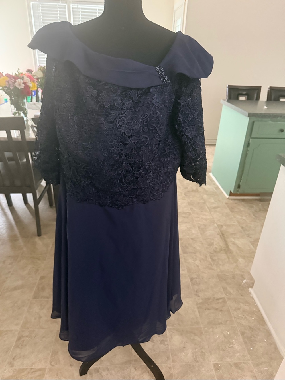 Off-Shoulder Navy Midi Dress with Lace Bodice